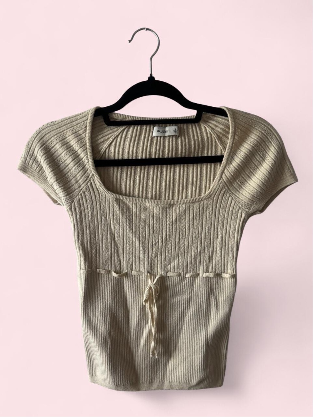 Hollister Cream Ribbed Tie-Front Square Neck Crop Top